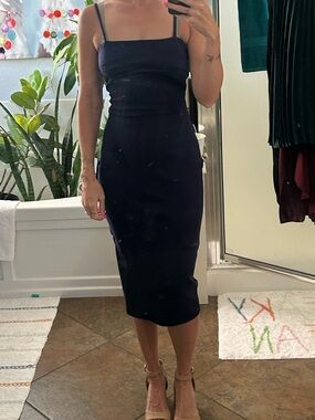 Lulu's Navy Midi Slip Dress with Spaghetti Straps